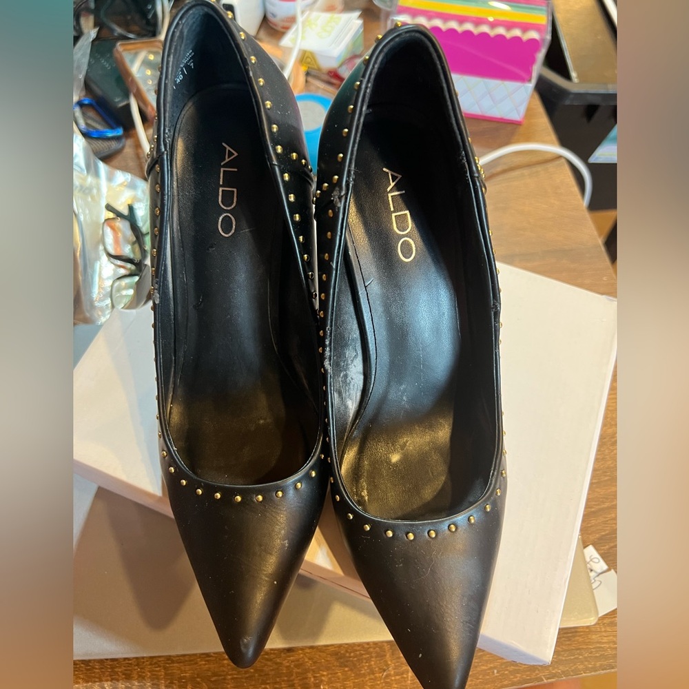 Aldo Black Pointed Heels with Gold Accents